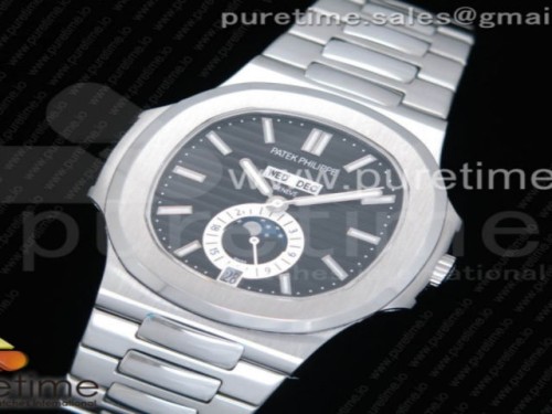 KM공장 파텍필립 노틸러스 5726 블랙 텍스처드 다이얼 브레이슬릿 Nautilus 5726 Complicated SS KMF Best Edition Black Textured Dial on SS Bracelet A324 V2