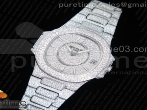 파텍피립 노틸러스 점보 레이디스 7021 풀 다이아몬드 다이얼 브레이슬릿 Nautilus Jumbo Ladies 7021 SS Full Paved Diamonds on Diamonds Plated SS Bracelet MIYOTA 9015