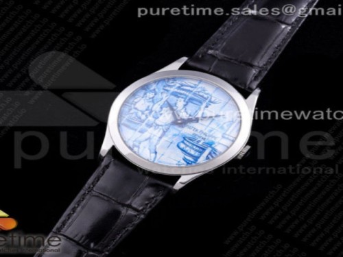 FL공장 파텍필립 칼라트라바 아술레이호스 에나멜다이얼 스타일2 가죽 _ Calatrava SS FLF Best Edition Blue Dial Style 2 on Black Leather Strap A240 (Micro Rotor)