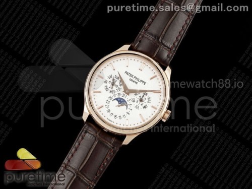 3K공장 파텍필립 퍼페추얼 캘린더 5140 로즈골드 화이트 바인덱스Perpetual Calendar 5140 RG 3KF Best Edition White Dial on Brown Leather Strap A240