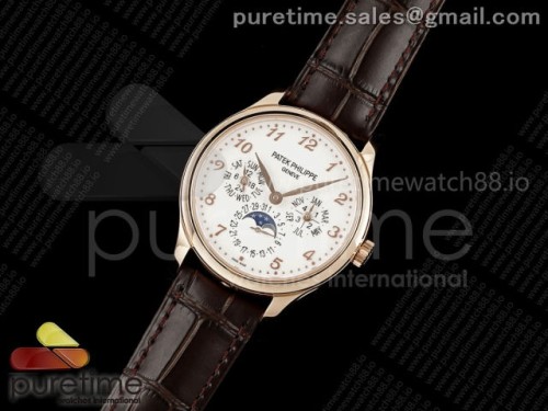 3K공장 파텍필립 퍼페추얼 캘린더 5140 로즈골드 화이트 숫자인덱스Perpetual Calendar 5140 RG 3KF Best Edition White Numeral Dial on Brown Leather Strap A240