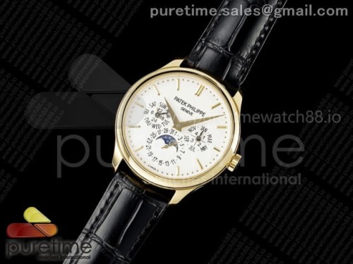 3K공장 파텍필립 퍼페추얼 캘린더 5140 옐로우골드 화이트다이얼 바인덱스Perpetual Calendar 5140 YG 3KF Best Edition White Dial on Black Leather Strap A240