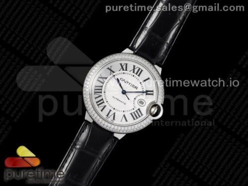 AF공장 발롱블루 42MM 화이트다이얼 가죽 다이아베젤 오토매틱 _ Ballon Bleu 42mm SS AF 11 Best Edition White Textured Dial Diamonds Bezel on Black Leather Strap A2824