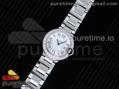 V6공장 까르띠에 발롱블루 28MM 화이트 다이얼 다이아몬드베젤 _ 브슬 Ballon Bleu 28mm SS V6F 1_1 Best Edition White Dial Diamonds Bezel on SS Bracelet Ronda Quartz