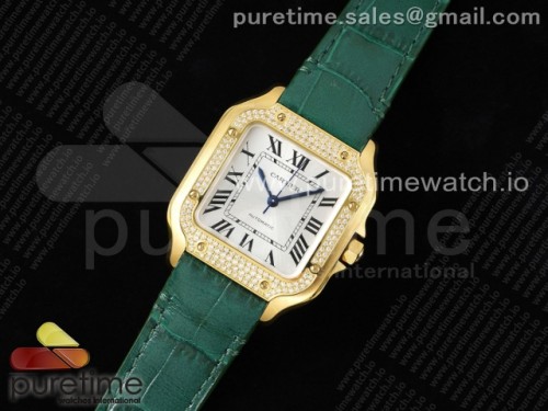 3K공장 까르띠에 산토스 드 화이트다이얼 35MM 옐로우골드 그린가죽 미디움 _ Santos de Cartier 35mm YG 3KF 11 Best Edition White Dial Diamonds Bezel on Green Leather Strap MIYOTA 9015