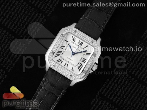 3K공장 까르띠에 산토스 드 화이트다이얼 다이아베젤 35MM 미디움 _ Santos de Cartier 35mm 3KF 11 Best Edition White Dial Diamonds Bezel on Black Leather Strap MIYOTA 9015