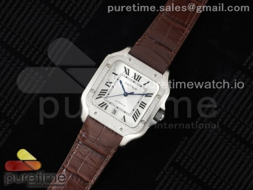 3K공장 까르띠에 산토스 드 화이트다이얼 다이아베젤 40MM 가죽 라지 _ Santos de Cartier 40mm 3KF 11 Best Edition White Dial Diamonds Bezel on Brown Leather Strap MIYOTA 9015