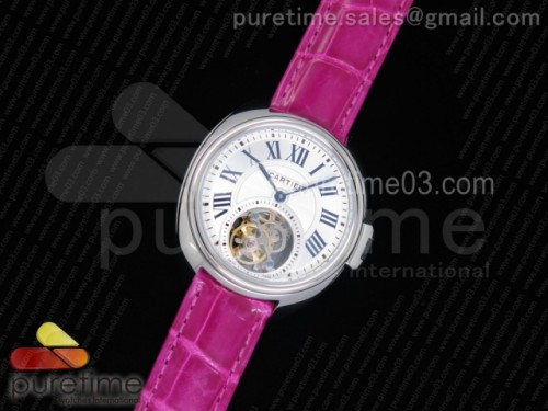 까르띠에 클레 드 뚜르비옹 35MM 화이트 텍스트다이얼 _ 딥핑크 악어 스트랩 Cle de Cartier Tourbillon SS 35mm White Textured Dial on Deep Pink Croco Strap