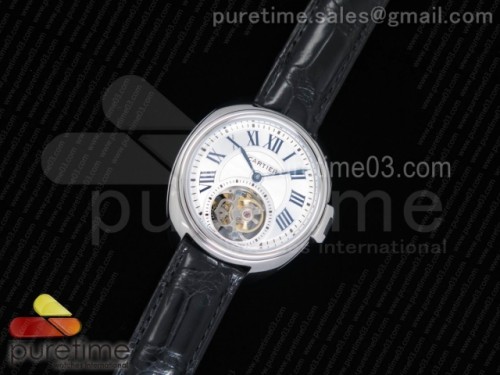 까르띠에 클레 드 뚜르비옹 35MM 화이트 텍스트다이얼 _ 블랙 악어 스트랩 Cle de Cartier Tourbillon SS 35mm White Textured Dial on Black Croco Strap