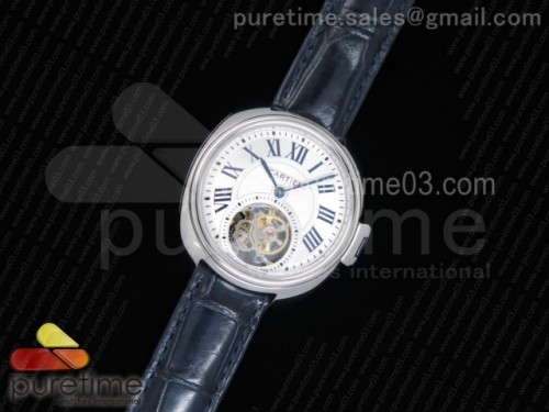 까르띠에 클레 드 뚜르비옹 35MM 화이트 텍스트다이얼 _ 블루 악어 스트랩 Cle de Cartier Tourbillon SS 35mm White Textured Dial on Blue Croco Strap