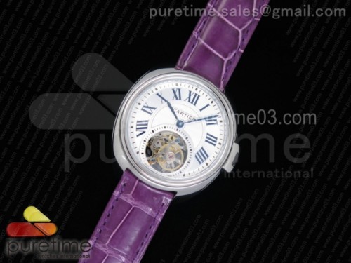 까르띠에 클레 드 뚜르비옹 35MM 화이트 텍스트다이얼 _ 퍼플 악어 스트랩 Cle de Cartier Tourbillon SS 35mm White Textured Dial on Purple Croco Strap