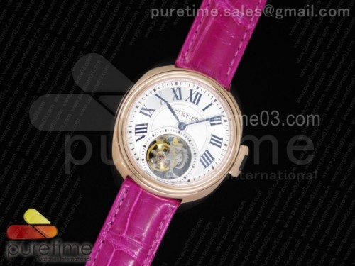까르띠에 클레 드 뚜르비옹 35MM 화이트 텍스트다이얼 로즈골드 _ 딥핑크 악어 스트랩 Cle de Cartier Tourbillon RG 35mm White Textured Dial on Deep Pink Croco Strap