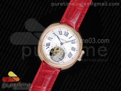 까르띠에 클레 드 뚜르비옹 35MM 화이트 텍스트다이얼 로즈골드 _ 레드 악어 스트랩 Cle de Cartier Tourbillon RG 35mm White Textured Dial on Red Croco Strap