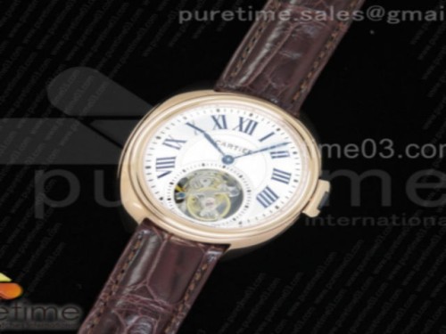 까르띠에 클레 드 뚜르비옹 35MM 화이트 텍스트다이얼 로즈골드 _ 브라운 악어 스트랩 Cle de Cartier Tourbillon RG 35mm White Textured Dial on Brown Croco Strap