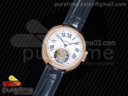 까르띠에 클레 드 뚜르비옹 35MM 화이트 텍스트다이얼 로즈골드 _ 블루 악어 스트랩 Cle de Cartier Tourbillon RG 35mm White Textured Dial on Blue Croco Strap