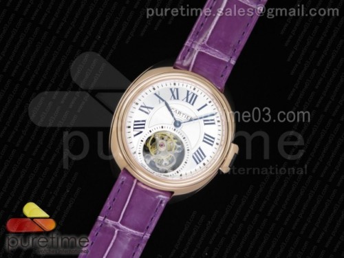 까르띠에 클레 드 뚜르비옹 35MM 화이트 텍스트다이얼 로즈골드 _ 퍼플 악어 스트랩 Cle de Cartier Tourbillon RG 35mm White Textured Dial on Purple Croco Strap