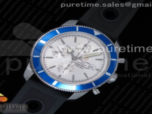OM공장 브라이틀링 슈퍼오션 헤르티지 2 46MM 화이트 다이얼 블랙 러버 스트랩 Superocean Heritage ii Chrono 46 SS OMF 1_1 Best Edition Blue Bezel White Dial on Black Rubber Strap A7750