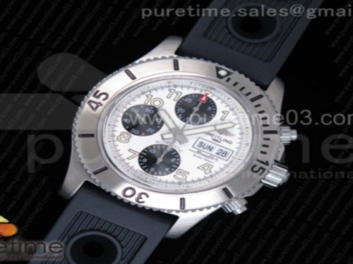 브라이틀링 슈퍼오션 스틸피쉬 크로노그래프 화이트다이얼 _ 블랙러버 스트랩 SuperOcean SteelFish Chronograph SS White Dial on Black Rubber Strap A7750