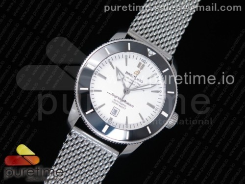 브라이틀링 슈퍼오션 헤르티지 2 46mm 화이트다이얼 세라믹베젤 _ 브슬 SuperOcean Heritage ii 46mm SS White Dial Black Ceramic Bezel on SS Mesh Bracelet A2824