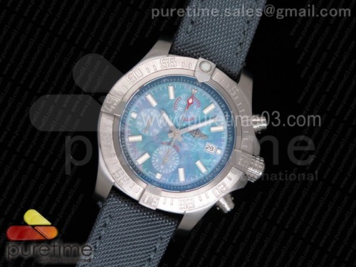 브라이틀링 어벤져 2 씨울프 티타늄 블루 자게다이얼 _ 그레이 나토 스트랩 Avenger II Seawolf Chronograph Titanium Case Blue MOP Dial on Gray Nylon Strap A7750