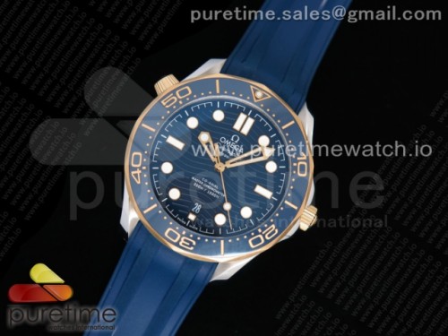 OM공장 오메가 씨마스터 다이버 300 옐로우골드 콤비 블루세라믹 러버 _ 2018 Seamaster Diver 300M SSYG OMF Best Edition Blue Ceramic Blue Dial on Blue Rubber Strap A8800 (Black Balance Wheel)