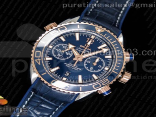 OM공장 오메가 플래닛오션 로즈골드 블루다이얼 _ 가죽 Planet Ocean Master Chronometer OMF SSRG Blue Polished Bezel Blue Dial on Blue Leather Strap A9901 (Black Balance Wheel)