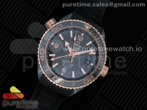 VS공장 오메가 씨마스터 플래닛오션 GMT 딥블랙 로즈골드베젤 세라믹케이스 가죽 _ Planet Ocean 45.5mm Deep Gold Black Real Ceramic VSF 11 Best Edition on Black Leather Strap A8906 Super Clone