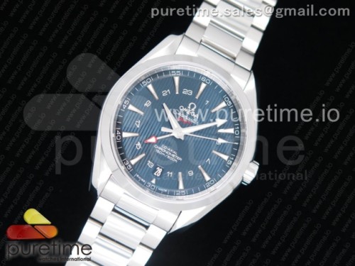 VS공장 오메가 아쿠아테라 150M GMT Aqua Terra 150M 43.5mm GMT SS VSF 1_1 Best Edition Blue Textured Dial on SS Bracelet A8605 Super Clone V2