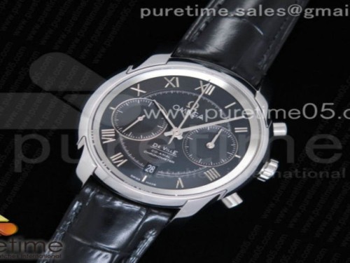 OM공장 오메가 드빌 크로노그래프 42MM 블랙 다이얼 가죽 De Ville Chronograph 42mm SS OMF 11 Best Edition Black Dial on Black Leather Strap A9300 (Black Balance Wheel)