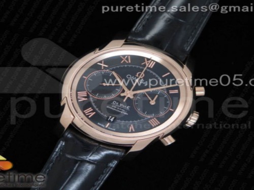OM공장 오메가 드빌 크로노그래프 42MM 블랙 다이얼 가죽 로즈 골드 De Ville Chronograph 42mm RG OMF 11 Best Edition Black Dial on Black Leather Strap A9301 (Black Balance Wheel)