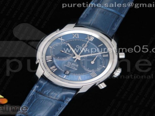 OM공장 오메가 드빌 크로노그래프 42MM 블루 다이얼 가죽 De Ville Chronograph 42mm SS OMF 11 Best Edition Blue Dial on Blue Leather Strap A9300 (Black Balance Wheel)