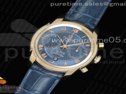 OM공장 오메가 드빌 크로노그래프 42MM 블루 다이얼 가죽 로즈 골드 De Ville Chronograph 42mm RG OMF 11 Best Edition Blue Dial on Blue Leather Strap A9301 (Black Balance Wheel)