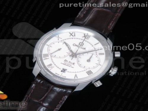OM공장 오메가 드빌 크로노그래프 42MM 화이트 다이얼 가죽 De Ville Chronograph 42mm SS OMF 11 Best Edition White Dial on Brown Leather Strap A9300 (Black Balance Wheel)