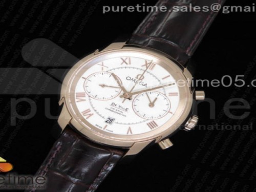 OM공장 오메가 드빌 크로노그래프 42MM 화이트 다이얼 가죽 로즈 골드 De Ville Chronograph 42mm RG OMF 11 Best Edition White Dial on Brown Leather Strap A9301 (Black Balance Wheel)