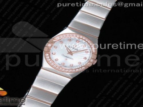 오메가 컨스틸레이션 여성용 스틸 화이트다이아 물결다이얼 로즈골드콤비 다이아베젤 _ Constellation Ladies 27mm SSRG White Textured Dial Diamonds Bezel & Markers on SSRG Bracelet ETA Quartz