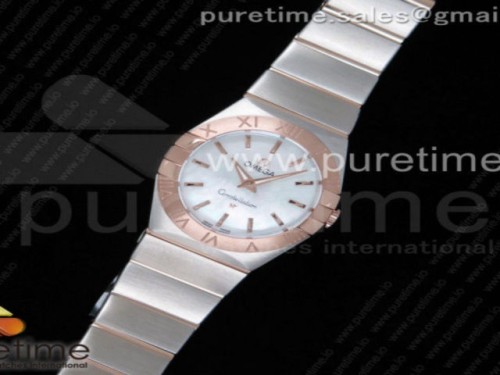 오메가 컨스틸레이션 여성용 스틸 화이트바인덱스 로즈골드콤비 다이아베젤 _ Constellation Ladies 27mm SSRG White MOP Dial Stick Markers on SSRG Bracelet ETA Quartz