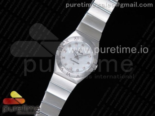 오메가 컨스틸레이션 여성용 스틸 화이트텍스쳐다이얼 _ Constellation Ladies 27mm SS White MOP Dial Diamonds Markers on SS Bracelet ETA Quartz