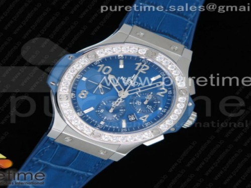 V6공장 위블로 빅뱅 크로노 44MM 스틸 블루 다이아베젤 거미스트랩 _ Big Bang 44mm SS V6F 11 Best Edition Blue Dial Diamonds Bezel on Blue Gummy Strap HUB4104
