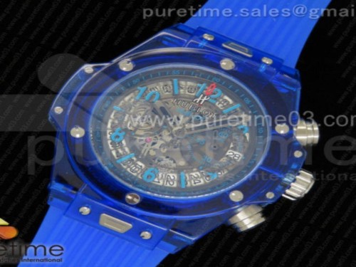 빅뱅 유니코 블루 사파이어 스켈레톤 다이얼 블루 러버 스트랩Big Bang Unico Blue Sapphire Plastic Case Skeleton Dial on Blue Rubber Strap Jap Quartz