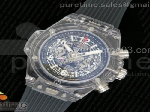 위블로 빅뱅 유니코 사파이어 스켈레톤 다이얼 그레이 고무 스트랩 Big Bang Unico Sapphire Plastic Case Skeleton Dial on Gray Rubber Strap Jap Quartz