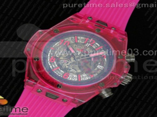 위블로 빅뱅 유니코 퍼플 사파이어 스켈레톤 다이얼 퍼플 러버 스트랩Big Bang Unico Purple Sapphire Plastic Case Skeleton Dial on Purple Rubber Strap Jap Quartz