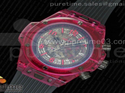 위블로 빅뱅 유니코 퍼플 스켈레톤 다이얼 블랙 러버 스트랩Big Bang Unico Purple Sapphire Plastic Case Skeleton Dial on Black Rubber Strap Jap Quartz