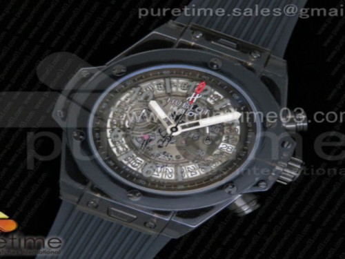 위블로 빅뱅 유니콘 블랙 사파이어 스켈레톤 다이얼 블랙 러버 스트랩Big Bang Unico Black Sapphire Plastic Case Skeleton Dial on Black Rubber Strap Jap Quartz