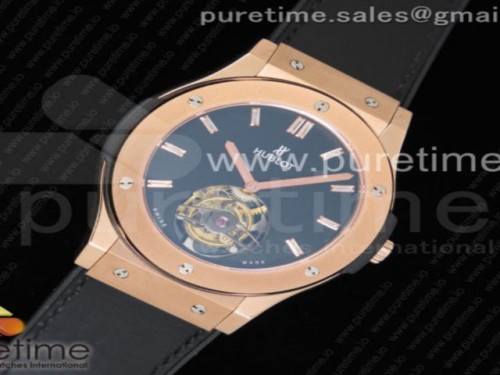 TF공장 위블로 클래식 퓨전 뚜르비옹 45mm 블랙 다이얼 크리스탈 마크Classic Fusion Tourbillon 45mm RG Black Dial Crystal Markers on Black Gummy Strap