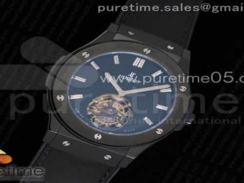 TF공장 위블로 클래식퓨전 45MM 뚜르비옹 블랙 다이얼 크리스탈 마크 Classic Fusion Tourbillon 45mm PVD Black Dial Crystal Markers on Black Gummy Strap