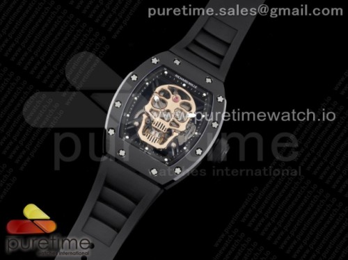 JB공장 리차드밀 RM052 세라믹 리얼 투어빌론 스켈레톤다이얼 블랙러버 실버버클 _ RM052 Skull Sandblasted Black Ceramic Real Tourbillon JBF 11 Best Edition RG Skull Dial on Black Rubber Strap (White Clasp)