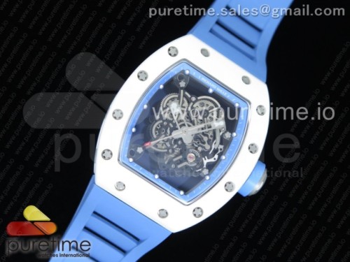 KV공장 V2 리차드밀 RM055 리얼 화이트 세라믹 블루아이어RM055 Real White Ceramic Case KVF Best Edition Blue Inner Bezel Skeleton Dial Blue on White Rubber Strap MIYOTA8215 V2