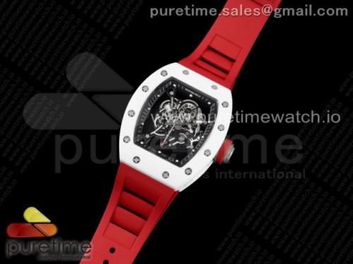 KV공장 V3 리차드밀 RM055 화이트세라믹 스켈레톤다이얼 레드러버 _ RM055 White Ceramic KVF Best Edition Skeleton Dial Black on Red Rubber Strap MIYOTA8215 V3