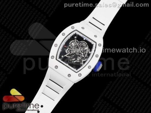KV공장 V3 리차드밀 RM055 화이트세라믹 스켈레톤다이얼 블루용두 화이트러버 _ RM055 White Ceramic KVF Best Edition Skeleton Dial White Blue on White Rubber Strap MIYOTA8215 V3