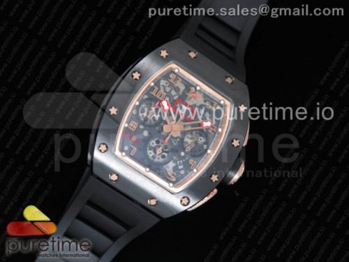 KV공장 리차드밀 RM011 RM011 Real Ceramic Case Chronograph KVF 1_1 Best Edition Crystal Skeleton Dial Gold Markers on Black Rubber Strap A7750